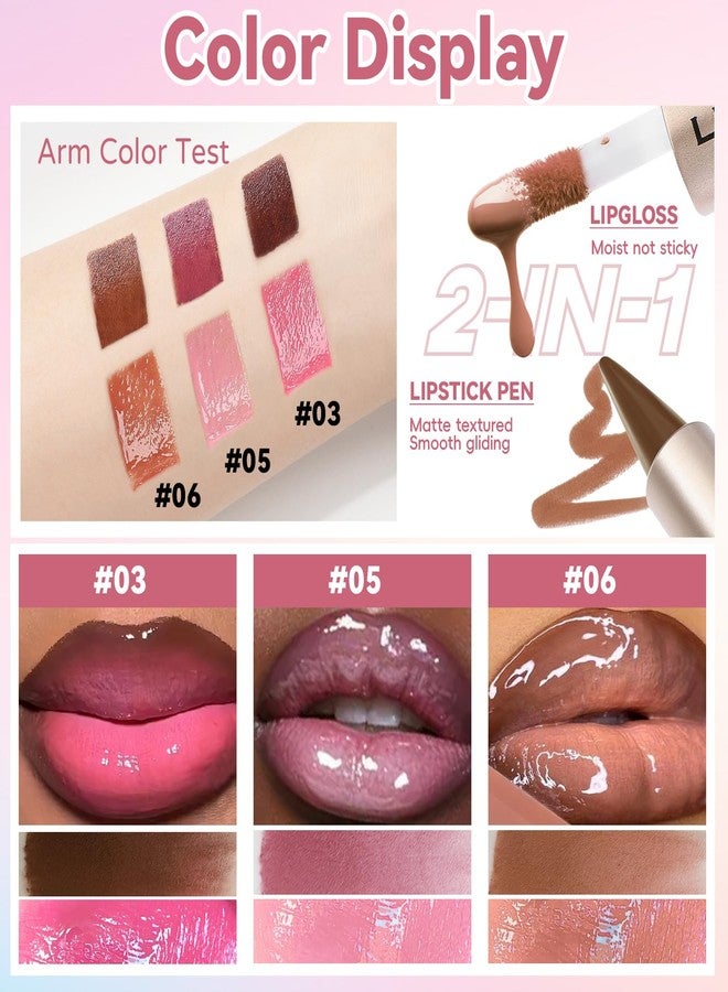 Noerrors 3pcs Lip Combo Sets for Black Women, Lip Liner and Gloss Kit 2 in 1 Dual-End, Nude Brown Lips Liner Combo Pink Ombre Moisturizing Plumping Gradual Lips Makeup Set A - Image 5